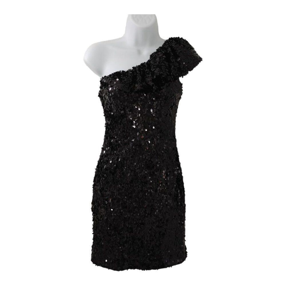 AIDAN MADDOX  Black One‎ Shoulder Bodycon Sequined  Party Dress Size 0